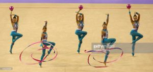 IZMIR, TURKEY - SEPTEMBER 27: Members of Russia's rhythmic gymnastics team compete during the 33rd Rhythmic Gymnastics World Championships in Izmir, Turkey on September 27, 2014. (Photo by Cem Oksuz/Anadolu Agency/Getty Images)